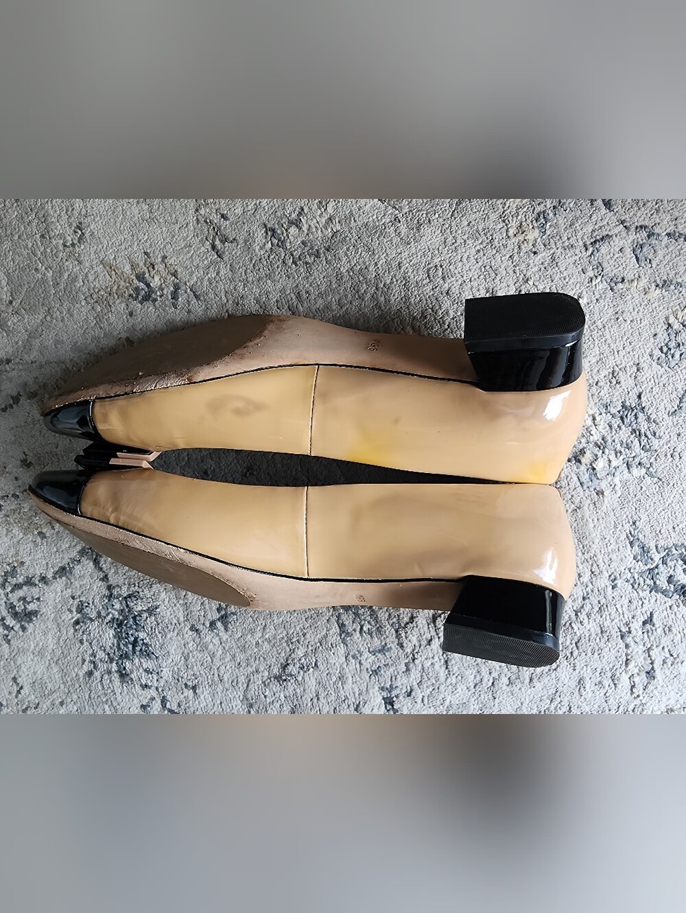 Two-Tone Beige and Black Cap-Toe Ballet Flats with Gold Accent - Picture 9 of 16